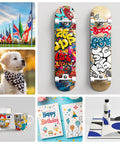 Collage of vibrant items, including flags, custom skateboards, bandana dog, printed cups, birthday cards, and abstract art.