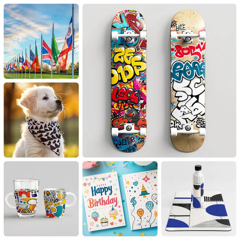 Collage of flags, a puppy with bandana, colorful skateboards, patterned mugs, greeting cards, and a water bottle on fabric.