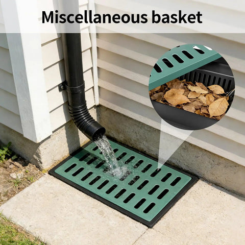 Square Catch Basin With Fiberglass Grate And Debris Basket 26x18x24 Inch Large DIY Rainwater Drain Basin installed by downspout