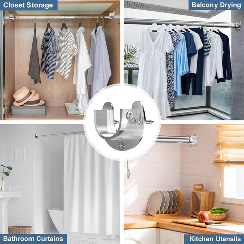 Tough As Nails Six Pack Stainless Steel Closet Rod Brackets U Shaped Heavy Duty Flange Sockets in use for closet and bathroom.