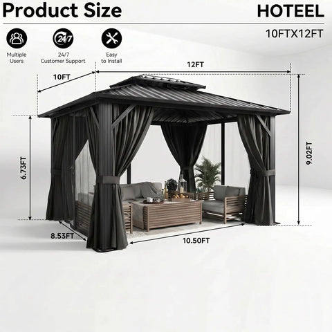 10x12 Hardtop Gazebo With Flame Retardant Curtain Netting Heavy Duty Pavilion With Galvanized Steel Double Roof And Aluminum Frame