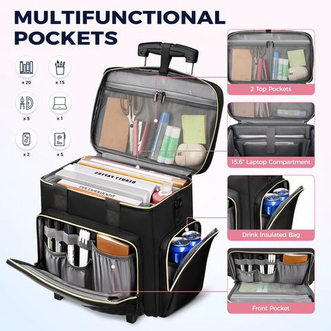 Open view of a rolling teacher bag with detachable dolly, showing file compartment, 15.6 inch laptop sleeve, insulated drink pocket, and organizer pockets.