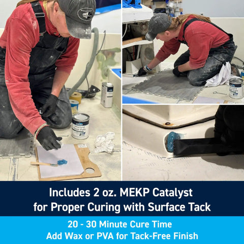 Person applying Fiberglass Reinforced Polyester Structural Repair Putty Quart Kit on boat surface.