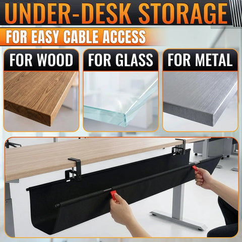 36 Inch Under Desk Cable Management Tray with No Drill Clamp On and Built In Ties for Wood, Glass, and Metal Desks
