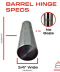 Beefy Heavy Duty Weldable Barrel Hinges 4 Pack 3 Inch By 3 Quarter Inch 15 Thirty Second Inch Pin 750 Lb Load Capacity Weld On Bullet Door Hinges For Metal Doors Gates And Glass Detachable Durable Carbon Steel Hinges Sidco Supply showing 3-inch length and 3/4-inch width with no gaps highlighted.