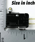 SPDT Micro Switch With 10A Max 250V DC RoHS Compliant Hinge Roller Lever Snap Action Actuator shown with ruler for size