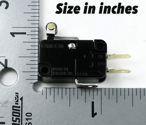 SPDT Micro Switch With 10A Max 250V DC RoHS Compliant Hinge Roller Lever Snap Action Actuator shown with ruler for size
