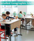 Children in classroom using lit 8 inch illuminated world globe with wooden stand built in LED night light turquoise blue globe