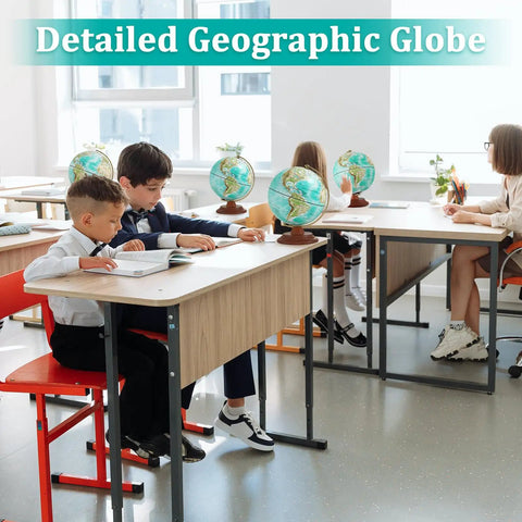 Children in classroom using lit 8 inch illuminated world globe with wooden stand built in LED night light turquoise blue globe