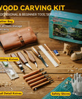 All In One Wood Carving Kit With Leather Storage Bag 24 Piece Tools Set Including 4 Carving Knives and Cut Resistant Glove