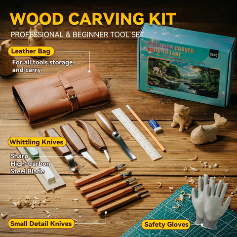 All In One Wood Carving Kit With Leather Storage Bag 24 Piece Tools Set Including 4 Carving Knives and Cut Resistant Glove