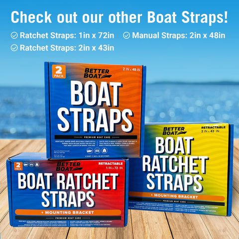 Display of Better Boat ratchet and manual boat straps packaging on wooden deck with ocean backdrop
