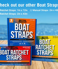 Packaging for Better Boat straps: blue, red, and yellow boxes for different sizes. Focus on Heavy Duty Stainless Steel Retractable Ratchet Straps Set.