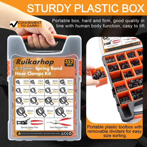 352 Piece Spring Band Hose Clamps Kit 6 To 25mm With 2 Hose Clamp Pliers in sturdy plastic box with removable dividers