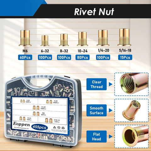 Beast Rivet Nut Tool Kit with 455Pcs rivet nuts, sizes M6 to 5/16-18, includes case and detailed close-ups of nut features.
