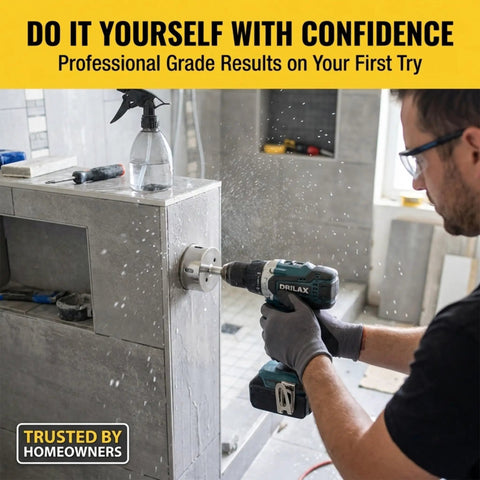 Man using Two And A Half Inch Diamond Hole Saw For Tile Glass Porcelain And Stone for clean faucet drain holes in a bathroom