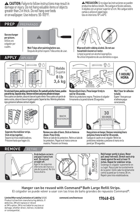 Instruction sheet for Damage Free Hanging Picture Hangers With No Drill No Tools Frame Hanger, holds 8 pounds.