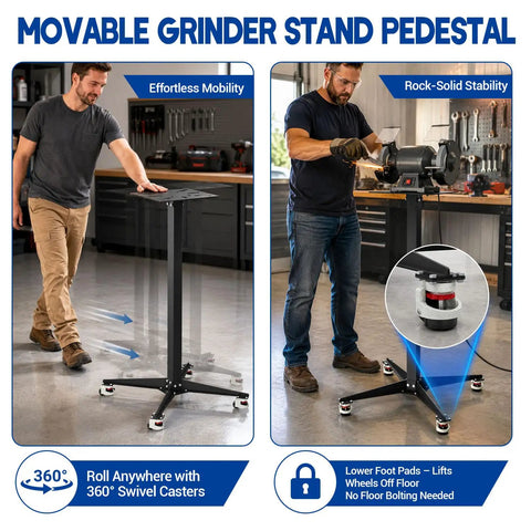 Heavy Duty Grinding Station Pedestal With Industrial Grade Locking Swivel Caster Wheels, adjustable feet, and sturdy build for grinders.