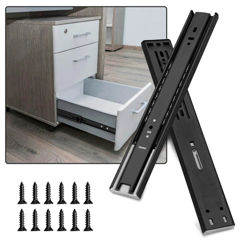 Soft Close Full Extension 16 Inch Ball Bearing Drawer Slides Heavy Duty Side Mount Black Pair For A Smooth Quiet Glide 100 Pound Load Capacity Durable Cabinet Drawer Glides Ideal For Home Renovations. Installed on white cabinet drawer with screws
