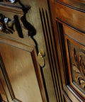 Wooden cabinet with ornate design featuring Brass Buddha Scepter Cabinet Pulls 2.4 Inch Set Of 2 For Furniture And Cabinetry Architectural Interior Design Hardware Solid Brass Drawer Pulls With Washer Set Ru Yi Style Accent For Custom Homes.