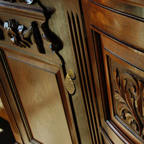 Wooden cabinet with ornate design featuring Brass Buddha Scepter Cabinet Pulls 2.4 Inch Set Of 2 For Furniture And Cabinetry Architectural Interior Design Hardware Solid Brass Drawer Pulls With Washer Set Ru Yi Style Accent For Custom Homes.