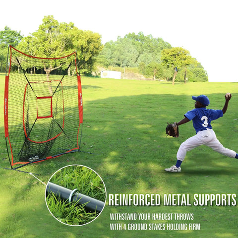 Baseball player practicing with 7x7 Baseball Softball Practice Net With Batting Tee And Bow Frame Backstop in outdoor field.