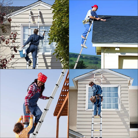 People using Foldable Telescoping Ladder for Home and Outdoors, EN131 Compliant Aluminum Extension Ladder, 12.5 Feet Reach