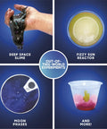 Out Of This World Space Science Kit With Sixty One STEM Experiments For Kids Ages Eight And Up Includes DIY Telescope Moon Rocks Crystals Slime Archaeology Activities And Twenty One Guided Projects Plus Forty At Home Activities In Astronomy And Chemistry showing slime, fizzy reactor, moon phases, experiments