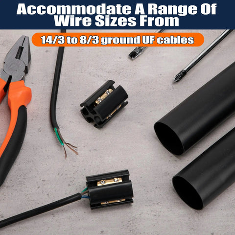 Underground Wire Splice Kit For Direct Burial Heavy Duty Cable Connector Set With Heat Shrink Tubing Fits 14 3 To 8 3 Range Waterproof Seal Pro Grade Vibe For Quick Durable Electrical Repairs displayed with connectors and heat shrink tubes with tools