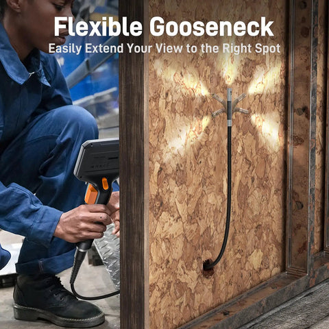 Technician using Two Way Articulating Borescope With Dual Lens Endoscope Camera For Tight Spaces LED Light Flexible Fiber Optic Snake Scope Cam For Wall And Auto Inspections 5 Feet, viewing through wall opening