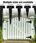 Multiple sizes of Six Inch T Strap Shed Door Hinges Heavy Duty 2 Pack With 270 Degree Rotation shown on a garden gate.