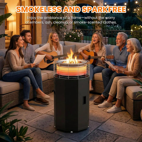 Outdoor Patio Heater And Smokeless Fire Pit 2 In 1 Propane Heater With 56,000 BTU for backyard hangouts, with people seated around.
