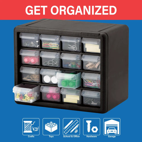 Heavy-Duty 16-Drawer Plastic Storage Cabinet For Garage Organization And Craft Projects Beads Makeup Building Bricks Teacher Toolbox 10.5 W X 6.5 D X 8.5 H Black