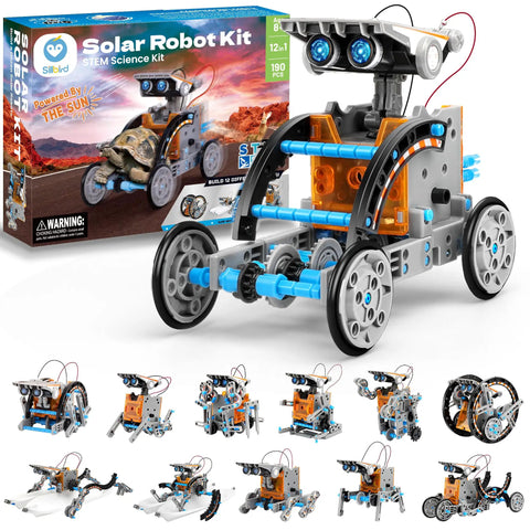 12 In 1 Solar Robot Building Kit with 190 pieces, featuring various model designs, large solar panel, screen-free STEM toy for kids aged 8-13.