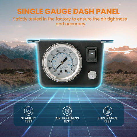 On Board Air Compressor System Universal Air Spring Kit With Gauge Air Line And T Fittings For Trucks And Vans Easy To Inflate Smooth Ride Under Heavy Loads No More Manual Adjustments Plug And Play Upgrade, single gauge dash panel on test background.