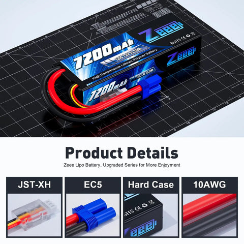 2 Pack 2S 7200mAh 7.4V 120C LiPo Battery Hard Case EC5 Connector for RC models on black grid surface