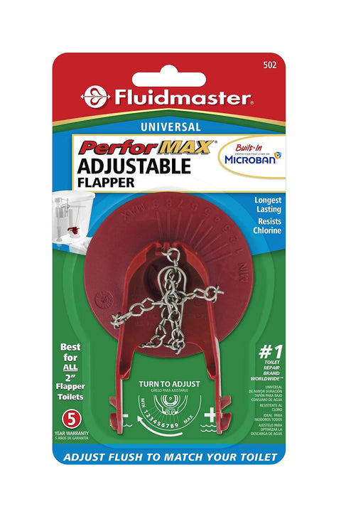 Packaging of PerforMAX Universal Water Saving Toilet Flapper With Solid Frame For 2 Inch Flush Valves, Adjustable Design