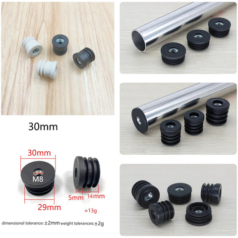 Six Pack Round Tube Plugs With M8 Thread Black Plastic Furniture Leg End Caps 30mm Diameter variation with dimensional diagram