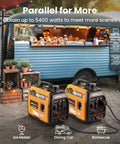 Two 3500 Watt Gas Powered Inverter Generators with 3000 Watt Run Ultra Portable 47lb in front of a food trailer