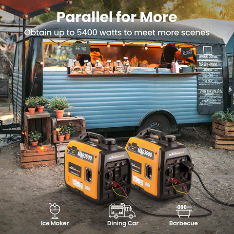 Two 3500 Watt Gas Powered Inverter Generators with 3000 Watt Run Ultra Portable 47lb in front of a food trailer