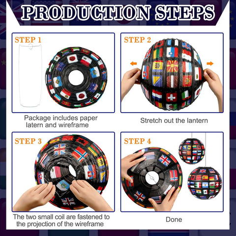 Production steps for assembling Flags Of All Nations Paper Hanging Lanterns Set Of 12 For Party Decor