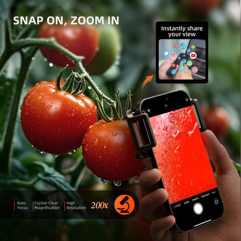 Phone Microscope With 200X Magnification And Built In LED UV Light For iPhone And Android CPL Polarizing Filter Portable Zoom Lens Attachment For Plants Coins Jewelry And Tiny Details On The Go on phone showing tomato close-up