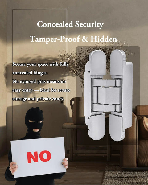 Heavy Duty Hidden Door Hinges 2 Pack, 6 Inch Concealed Hinge With 3 Way Adjustable Build, showing a tamper-proof design.