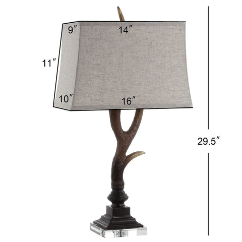 Rustic 29.5 Inch Antler Table Lamp With Brown Clear Faux Resin And Crystal Base Light Grey Linen Shade LED Bulb Included UL Listed For Cabin Decor That Elevates Cabin Living Vibe