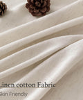 Light brown linen cotton fabric with pine cones, showing texture and close-up details of skin-friendly material.