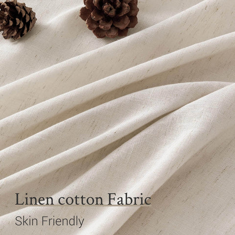 Light brown linen cotton fabric with pine cones, showing texture and close-up details of skin-friendly material.