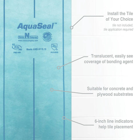 Top Tier Blue Waterproofing Membrane Roll For Shower And Wall Prep showing translucent bonding agent coverage and placement indicators.