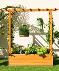 Raised Garden Bed With Arch Trellis For Outdoor Climbing Vines, wood planter box with hanging roof, side trellises, and plants