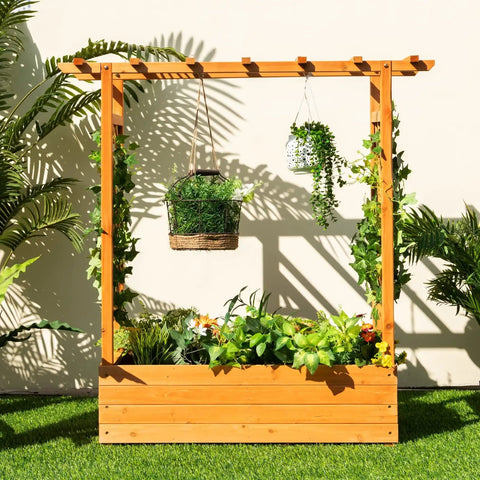 Raised Garden Bed With Arch Trellis For Outdoor Climbing Vines, wood planter box with hanging roof, side trellises, and plants