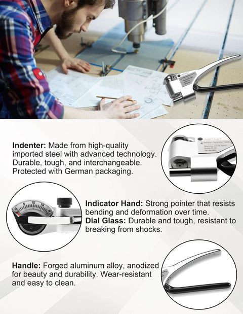 Webster Handheld Hardness Tester With 0 To 20 HW Measuring Range Portable Metal Hardness Gauge For Aluminum Brass Copper And Stainless Steel The Go To Tool For DIY Metalworking And Field Testing, aluminum body and dial
